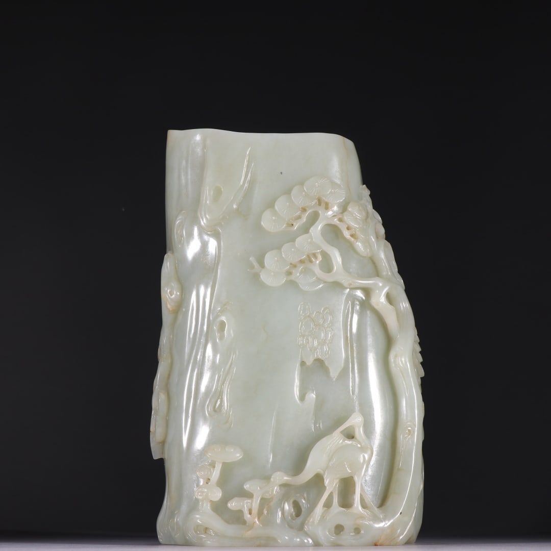 A Qing Dynasty Hetian jade seed material pine crane longevity pen holder: Qing Dynasty's Hetian jade seed material pine crane longevity pen holder Size:H:23.5cm W:16.2cm W:4.7631kg (The Dimensions Of All Batches Are Manually Measured.If You Need More Detailed Information, P