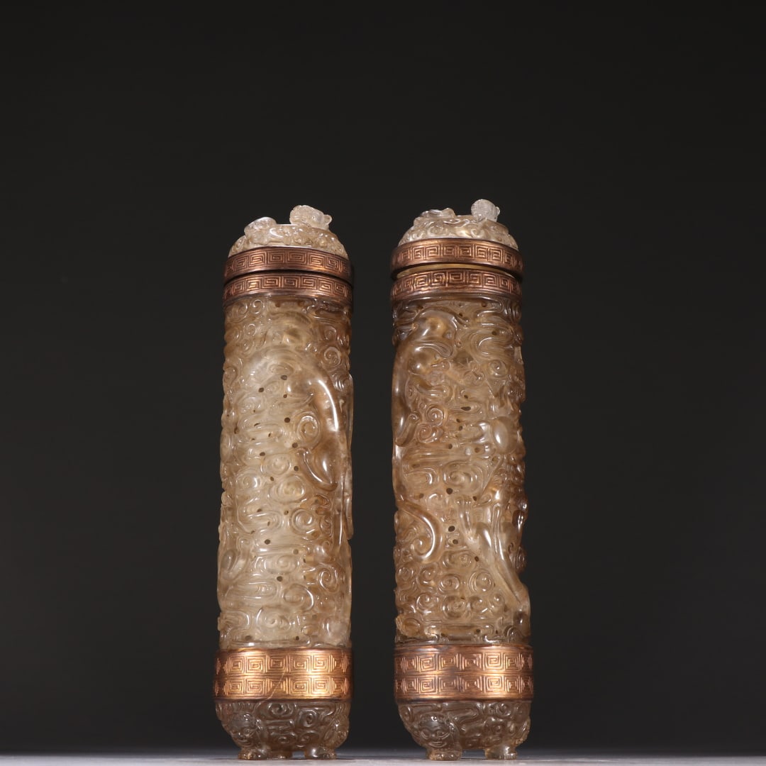 A pair of natural crystal-clad dragon pattern incense tubes from the Qing Dynasty (1 of 9)