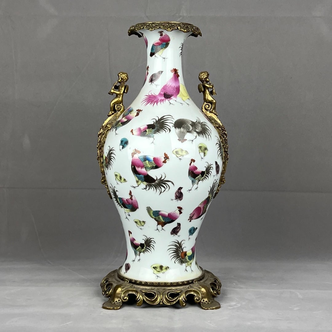 A beautiful pastel hundred chickens set with a copper olive vase (1 of 9)