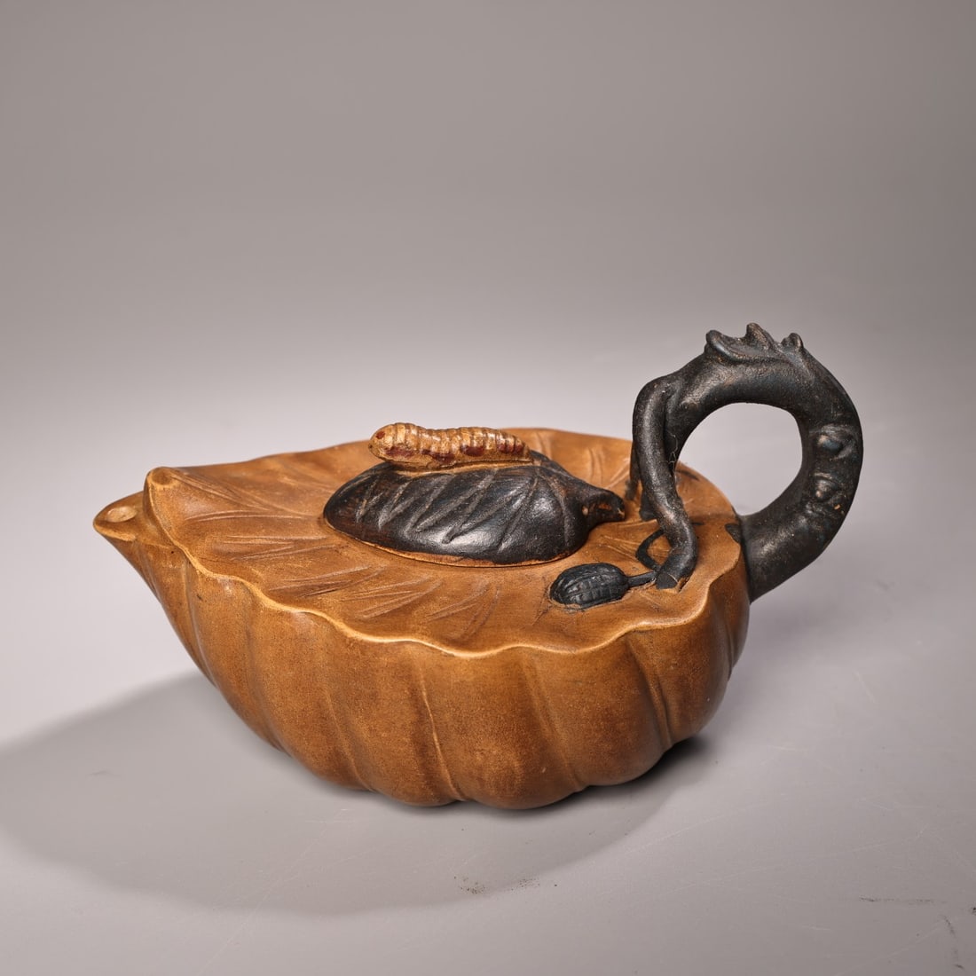 A beautiful old handmade yellow mud leaf purple clay pot (1 of 10)