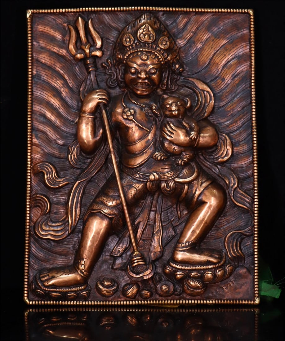 A fine copper hand-engraved white God of Wealth thangka: Exquisite copper hand-engraved white God of Wealth thangka Size:H:30cm W:24cm (The Dimensions Of All Batches Are Manually Measured.If You Need More Detailed Information, Please Contact Our Customer