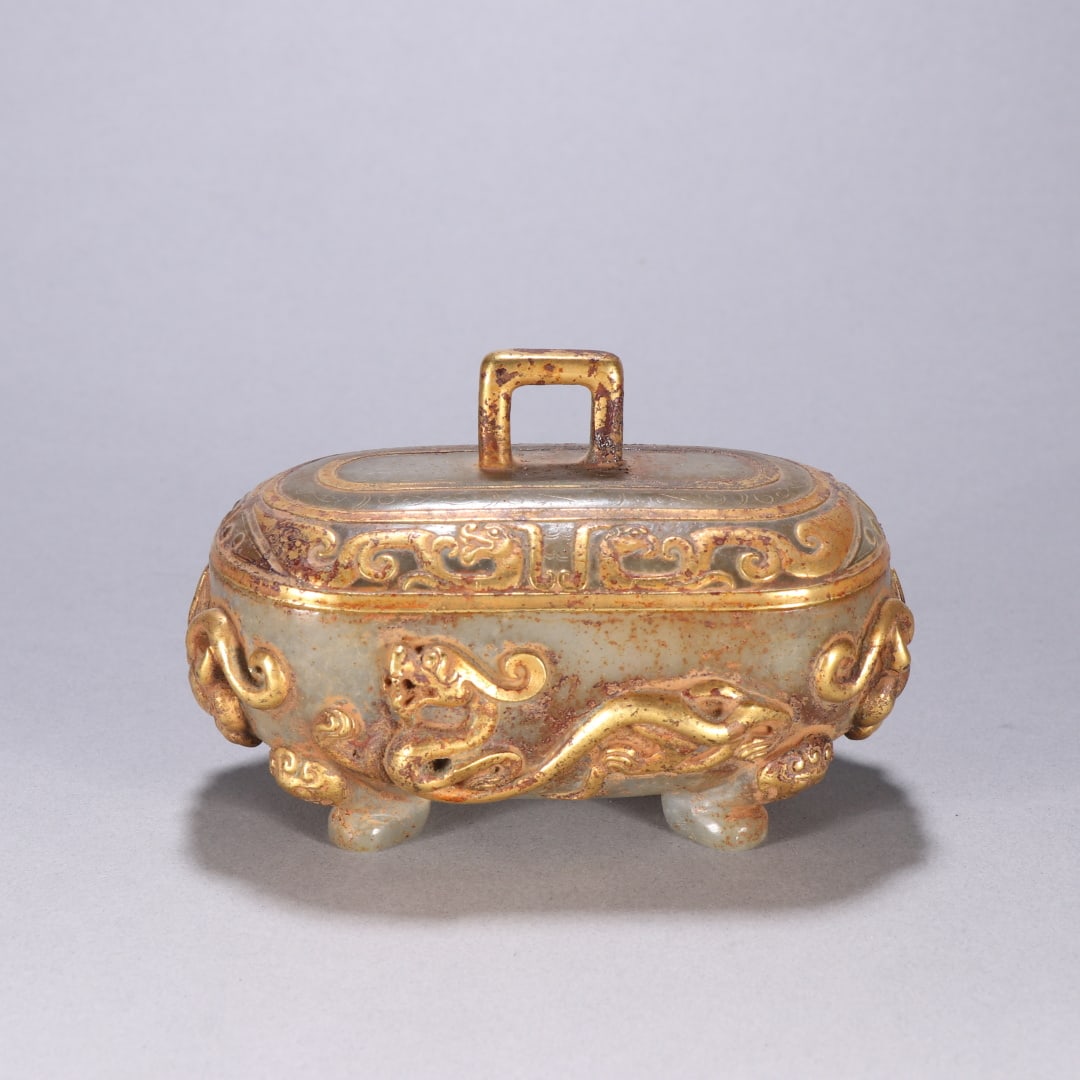 A beautiful Hetian jade wrapped silver gilt dragon pattern lid box (1 of 9)