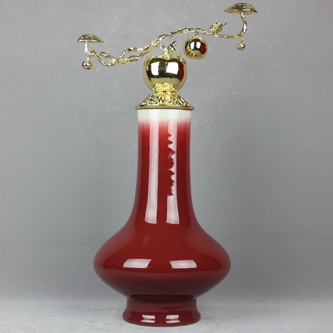 A beautiful Lang red glazed gold-plated persimmon ruyi flat belly bottle (1 of 9)