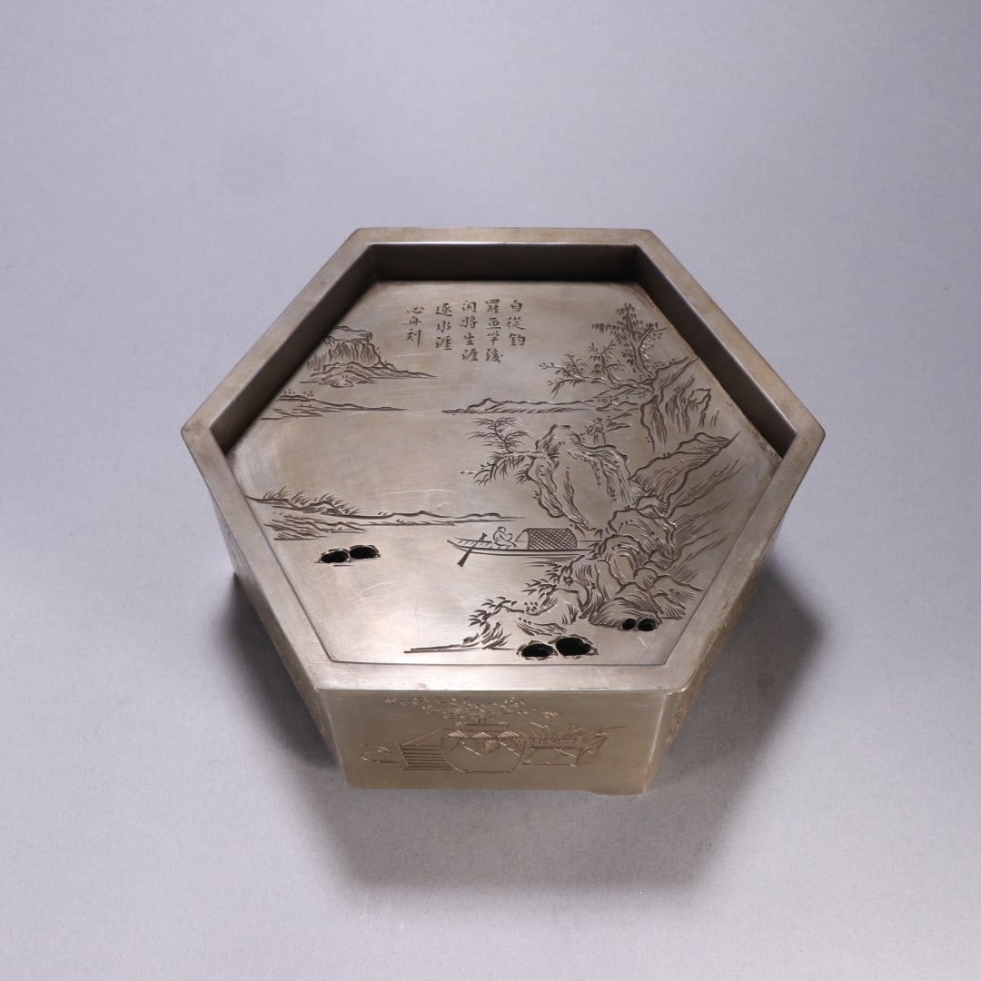 A beautiful tin-engraved character story poetry hexagonal tea tray (1 of 9)