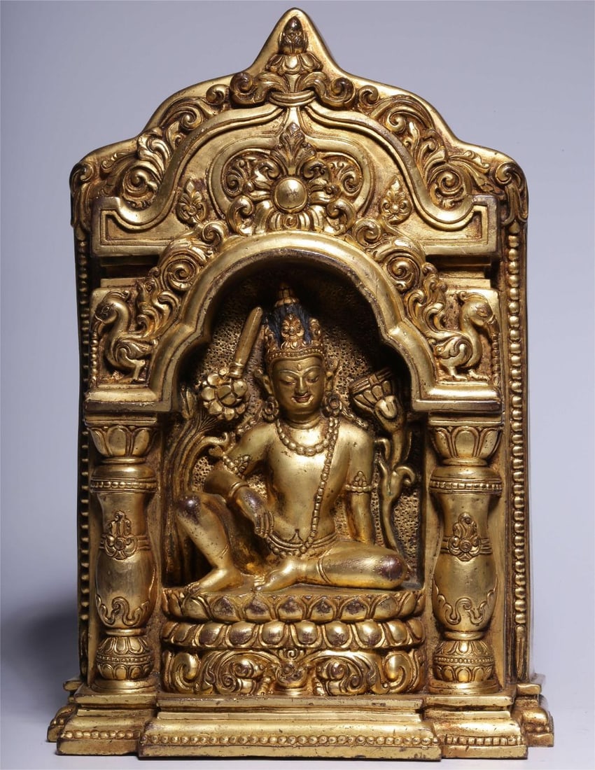A bronze gilt Manjushri Buddha shrine from the Qing Dynasty (1 of 11)