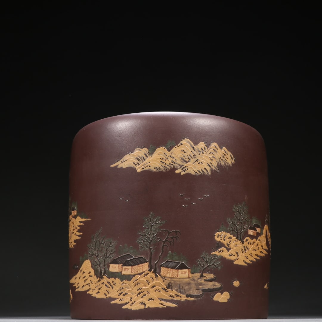 A Qing Dynasty original mineral purple mud stacked landscape purple sand pen holder: The original mine purple mud pile of the Qing Dynasty painted landscape purple sand pen holder Size:W:18cm H:17cm (The Dimensions Of All Batches Are Manually Measured.If You Need More Detailed Informa