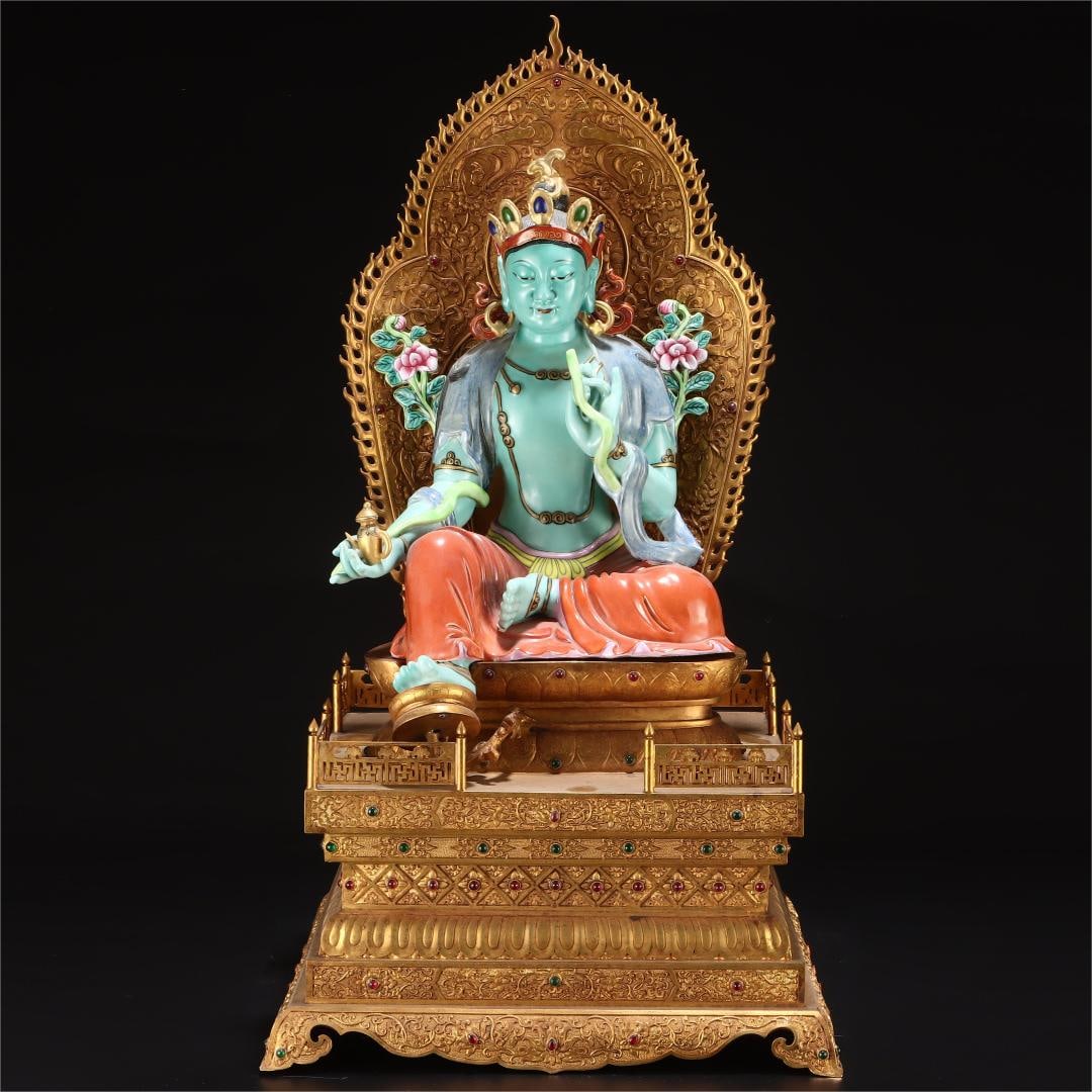 A fine bronze gilt base porcelain sculpture enamel Buddha statue: Exquisite copper gilt base porcelain sculpture enamel color Buddha statue Size:H:63cm W:34cm (The Dimensions Of All Batches Are Manually Measured.If You Need More Detailed Information, Please Contact 