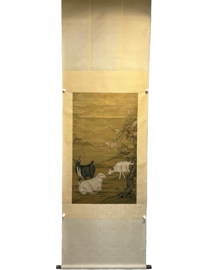 A painting of Lang Shining's Three Sheep Kaitai silk book vertical scroll: Lang Shining's Three Sheep Kaitai silk book vertical axis Size:Flower core:62x106cm (The Dimensions Of All Batches Are Manually Measured.If You Need More Detailed Information, Please Contact Our Custo