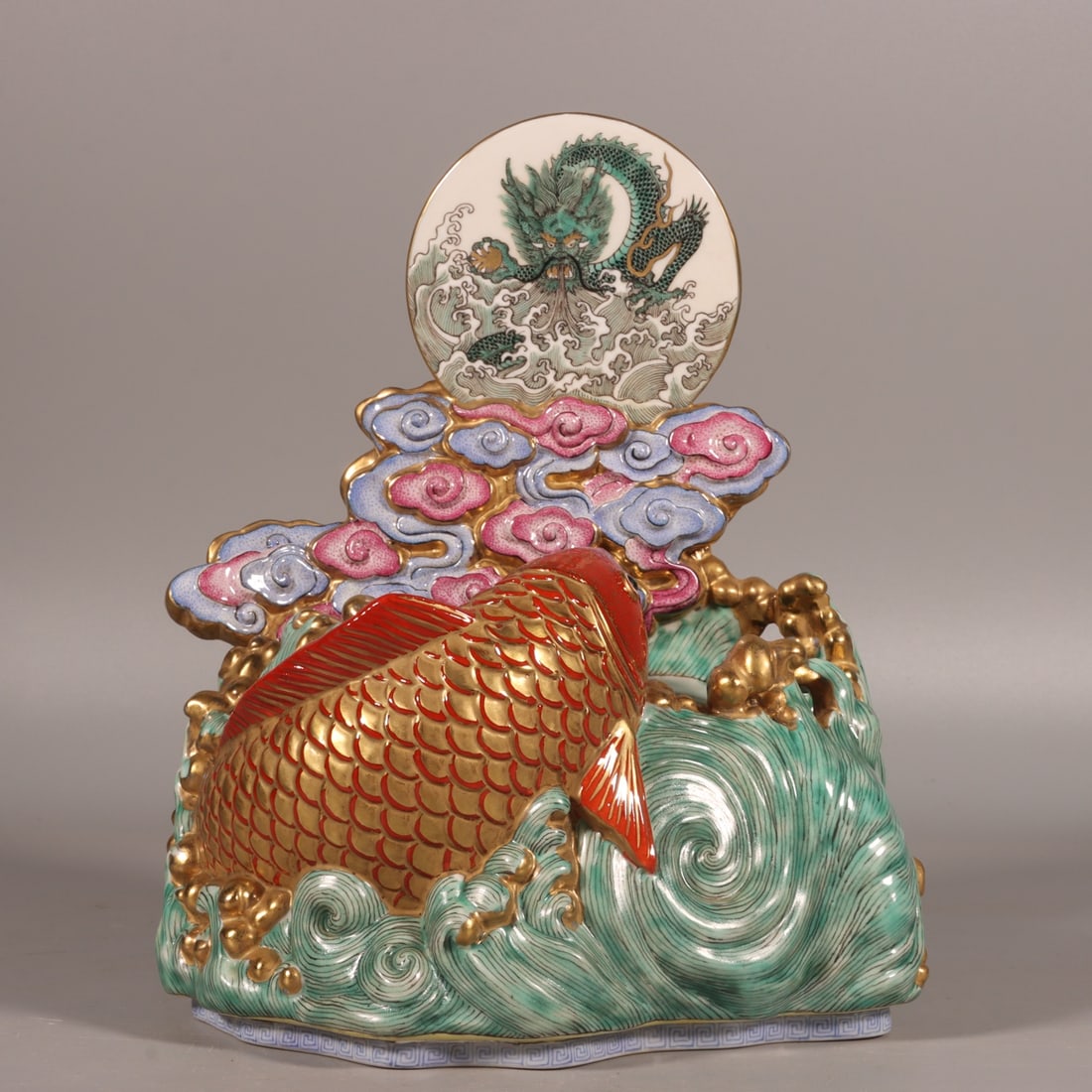 A Qing Dynasty enamel colorful fish leaping dragon gate pen holder (1 of 9)