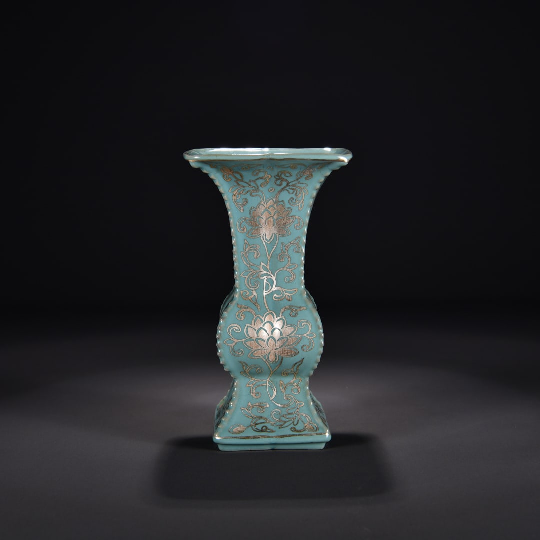 A Song Dynasty Ru kiln azure glazed foot silver painted entwined flower pattern square flower cup: The azure glazed foot silver painted entwined flower pattern square flower cup of the Ru kiln in the Song Dynasty Size:H:23cm W:12cm (The Dimensions Of All Batches Are Manually Measured.If You Need