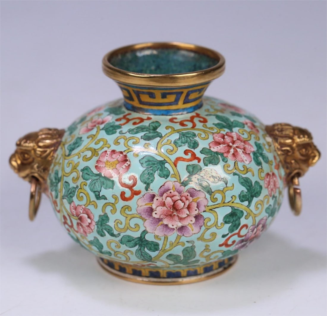 A Qing Dynasty copper tire painting enamel entwined floral pattern double animal ear jar: Qing Dynasty copper tire painting enamel entwined flower pattern double animal ear jar Size:8.9x6.8x6cm W:0.1434kg (The Dimensions Of All Batches Are Manually Measured.If You Need More Detailed Inform