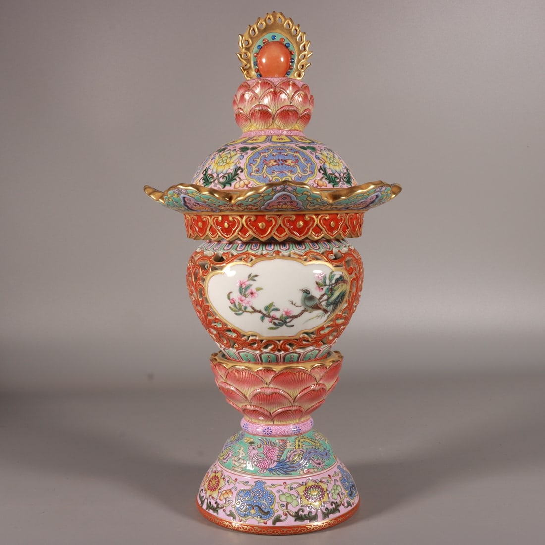 A Qing Dynasty enamel gold-painted window flower and bird official hat holder: Qing Dynasty enamel gold painted window flower and bird official hat holder Size:H:34cm Belly diameter:17cm (The Dimensions Of All Batches Are Manually Measured.If You Need More Detailed Information, 