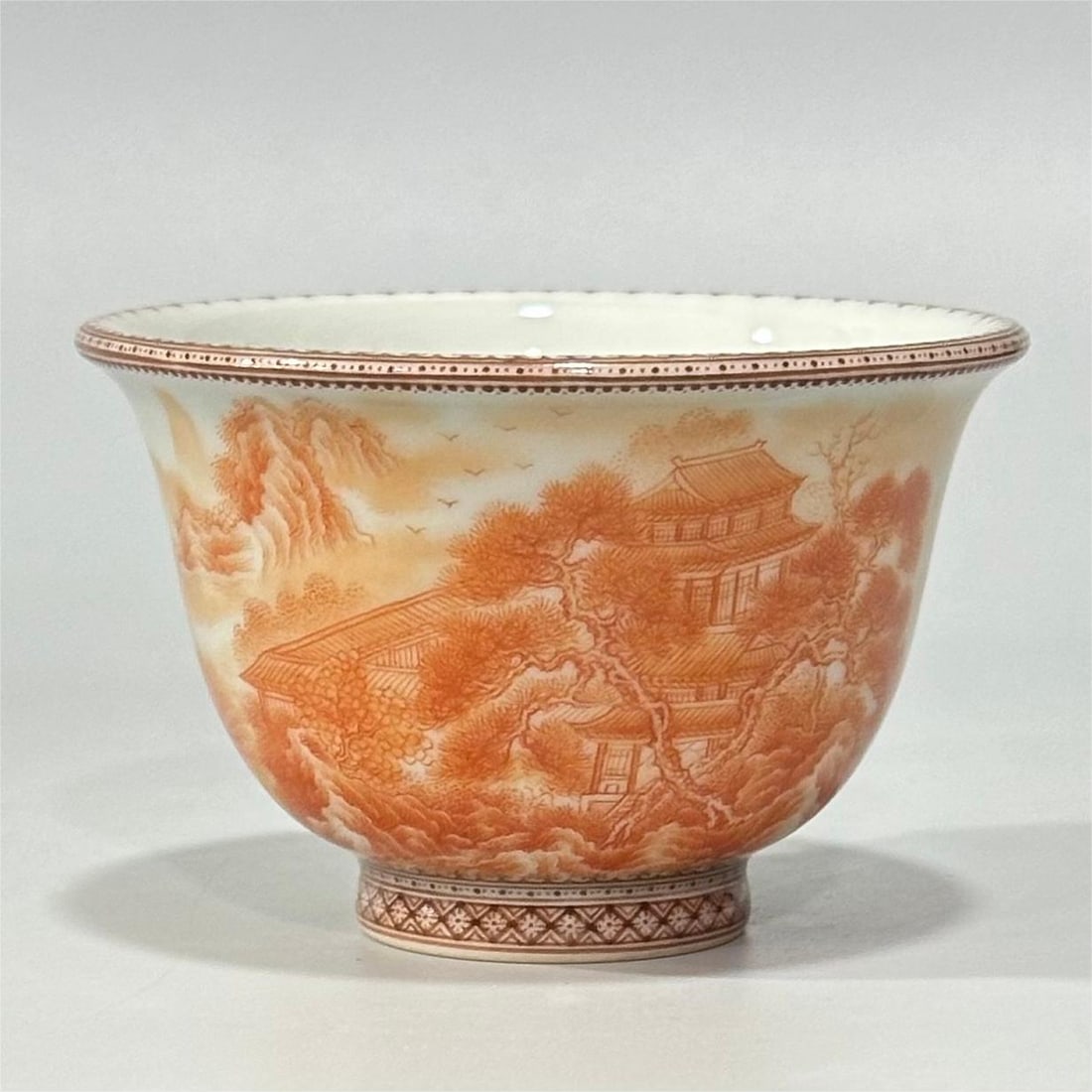 A Qing Dynasty alum red landscape pavilion character pattern cup: Qing Dynasty alum red landscape pavilion character pattern cup Size:H:4.5cm Calibre:7cm (The Dimensions Of All Batches Are Manually Measured.If You Need More Detailed Information, Please Contact Our C