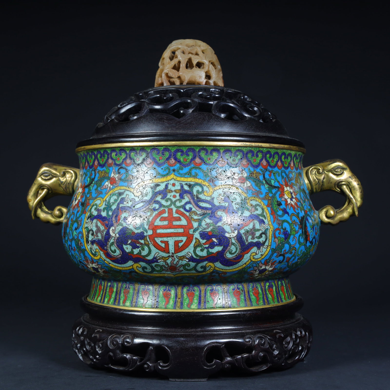 A Qing Dynasty copper tire cloisonné enamel Fushou pattern elephant ear aromatherapy stove (1 of 12)
