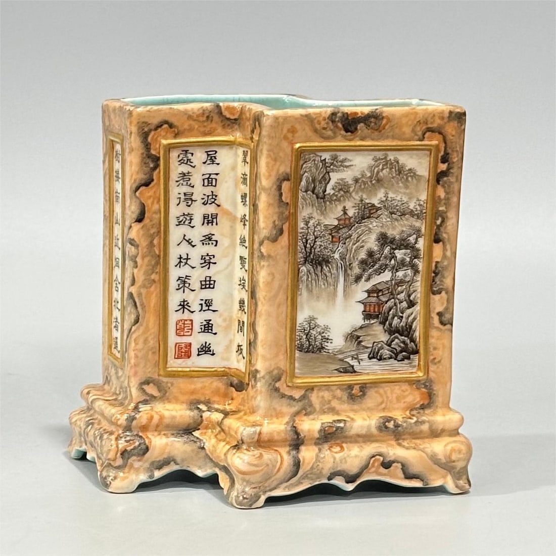 A Qing Dynasty ink color stone pattern open-window landscape pavilion poetry and special-shaped pen: Qing Dynasty ink color stone pattern window landscape pavilion poetry and special-shaped pen holder Size:H:11cm Calibre:10.5cm (The Dimensions Of All Batches Are Manually Measured.If You Need More Det
