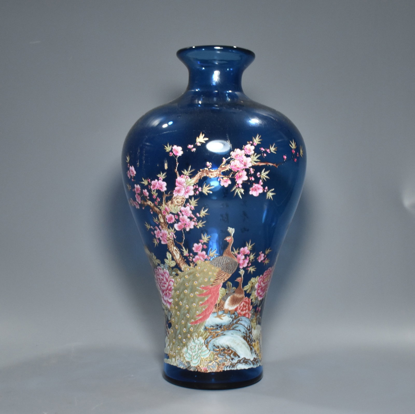 A beautiful glazed blue plum blossom peony peacock vase (1 of 9)