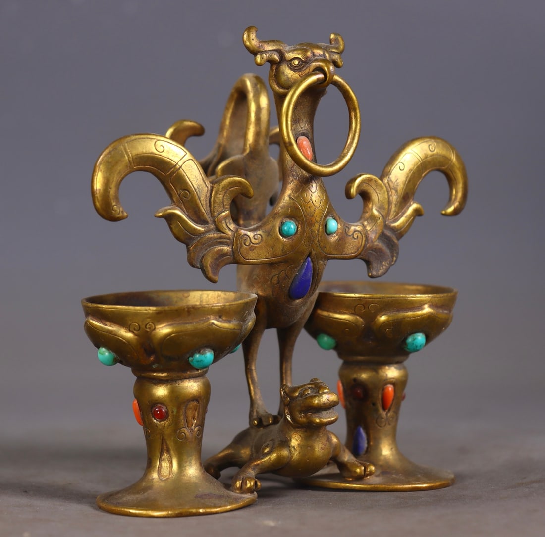 A fine copper-gilt gemstone phoenix cup - 2