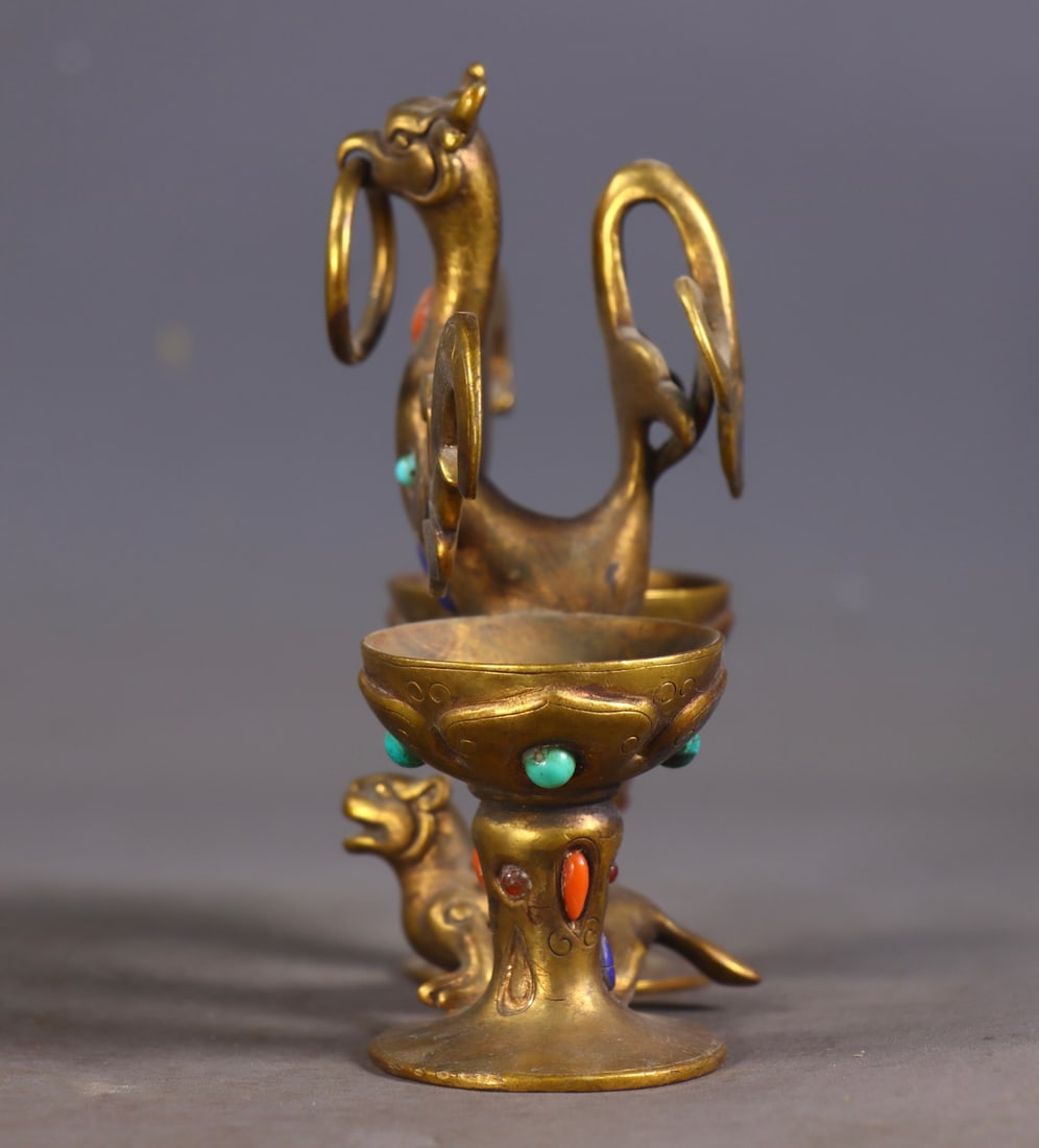 A fine copper-gilt gemstone phoenix cup - 7