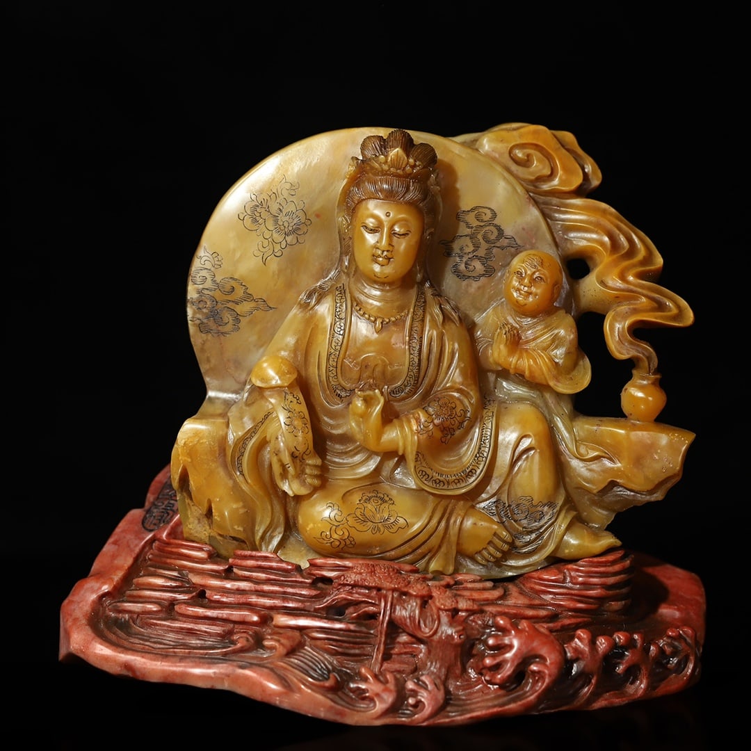 A beautiful ornament of Shoushan Shitian Huang Ruyi Guanyin Buddha statue: Exquisite Shoushan Shitian Huang Ruyi Guanyin Buddha statue ornament Size:L:17cm W:9.5cm H:14.8cm W:1.525kg (The Dimensions Of All Batches Are Manually Measured.If You Need More Detailed Information, 