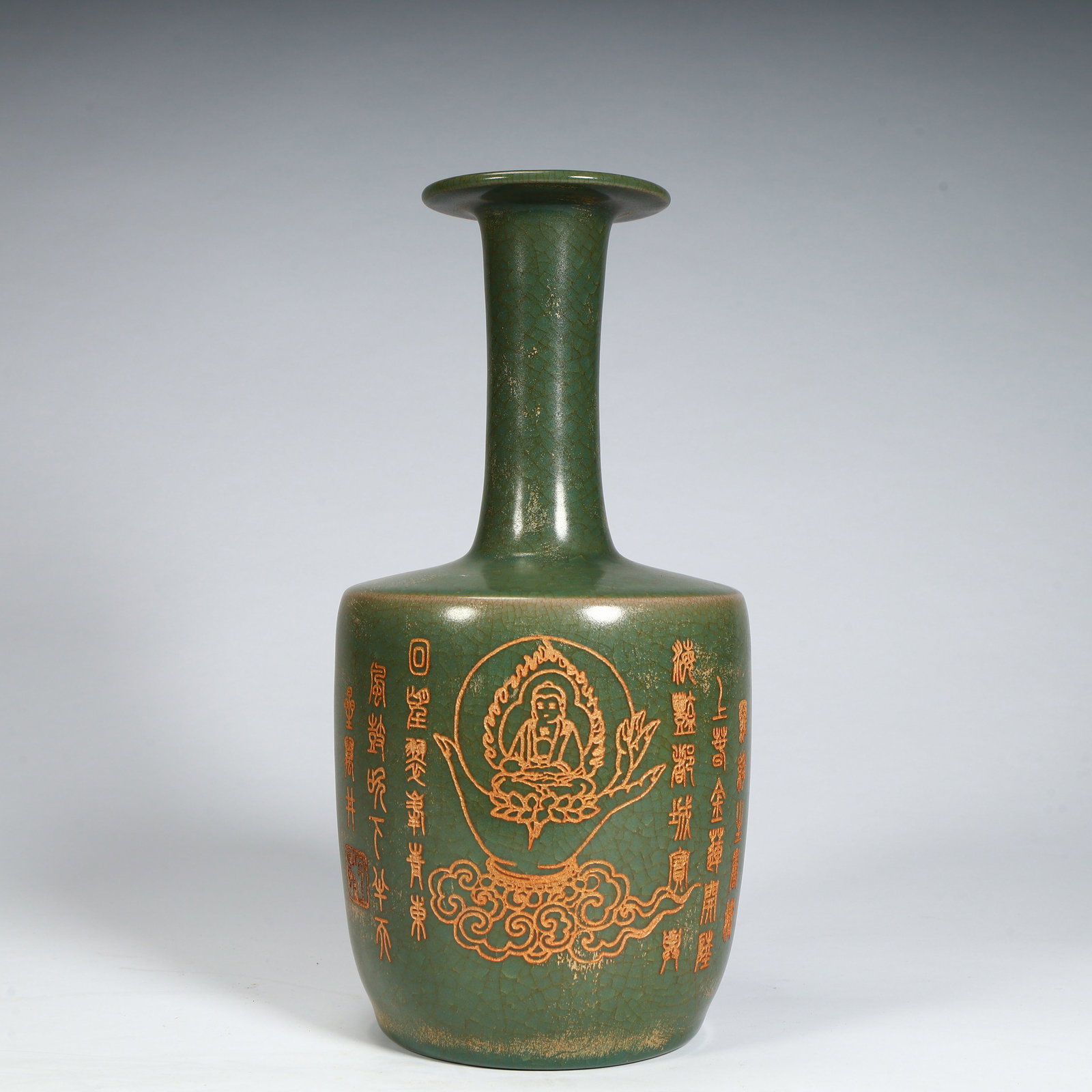 A long-necked bottle of blue glaze gold-painted Buddha pattern poetry from the Song Dynasty (1 of 10)