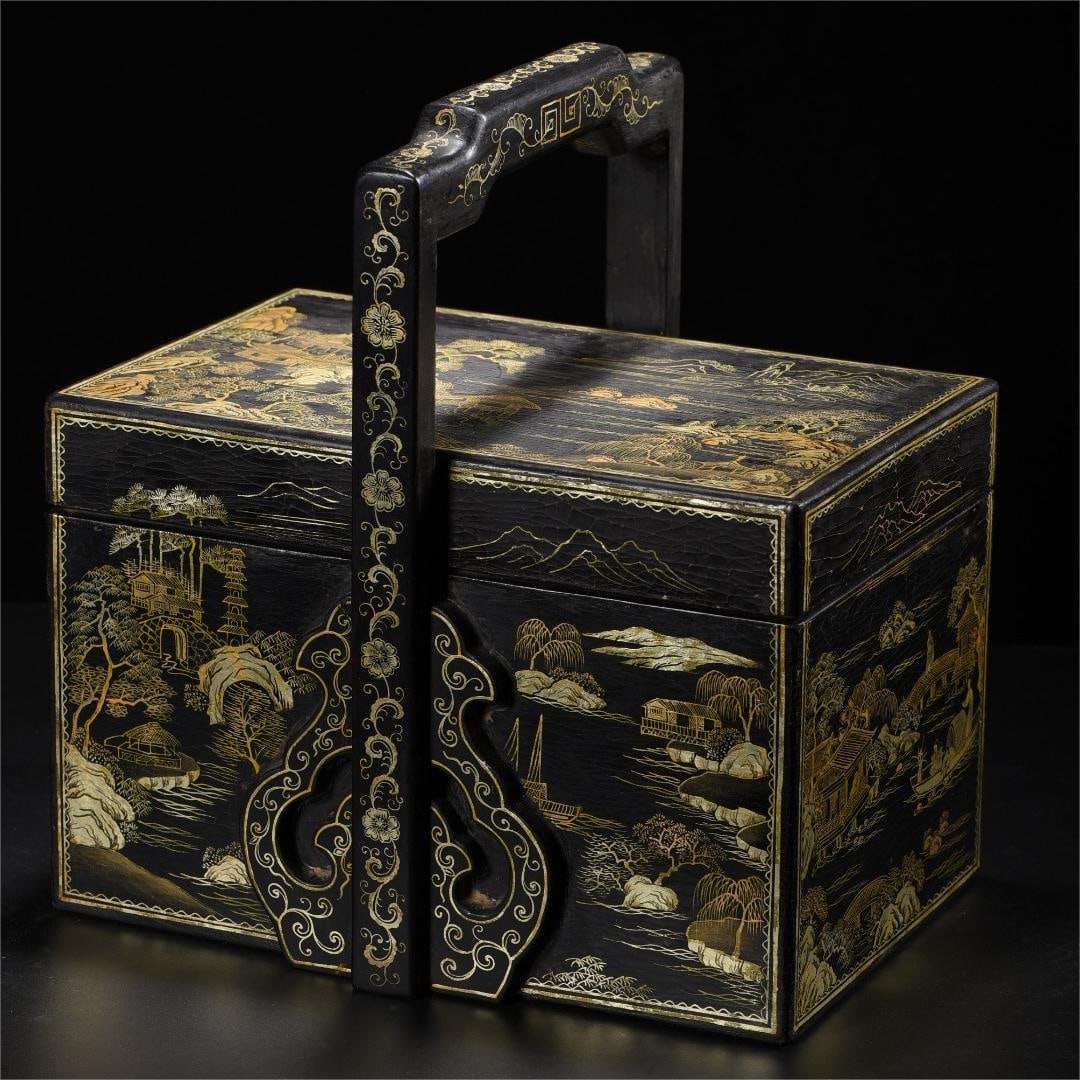 A beautiful old wooden lacquer depiction of the golden landscape and water pavilion Liang food box (1 of 9)