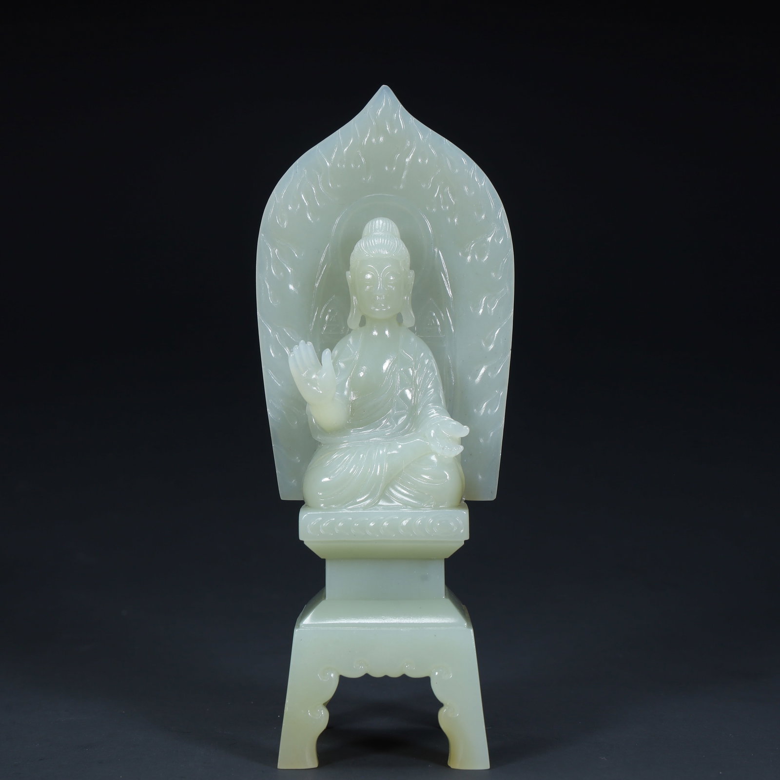A Qing Dynasty Hetian blue and white jade Buddha statue ornament: Qing Dynasty Hetian green and white jade Buddha statue ornament Size:H:14.7cmxL:6cmxW:4.3cm W: 0.2447kg (The Dimensions Of All Batches Are Manually Measured.If You Need More Detailed Information, Plea
