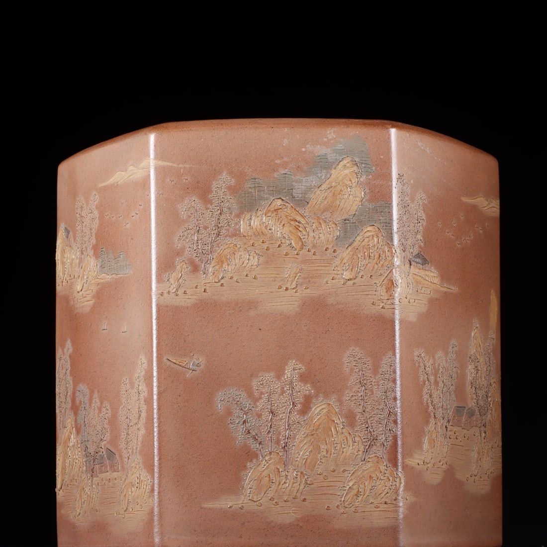 A clay painting of the Qing Dynasty with a hexagonal pen holder in the purple sand study: The clay painting landscape purple sand study room of the Qing Dynasty hexagonal pen holder Size:H:15cm Calibre:14.5cm (The Dimensions Of All Batches Are Manually Measured.If You Need More Detailed