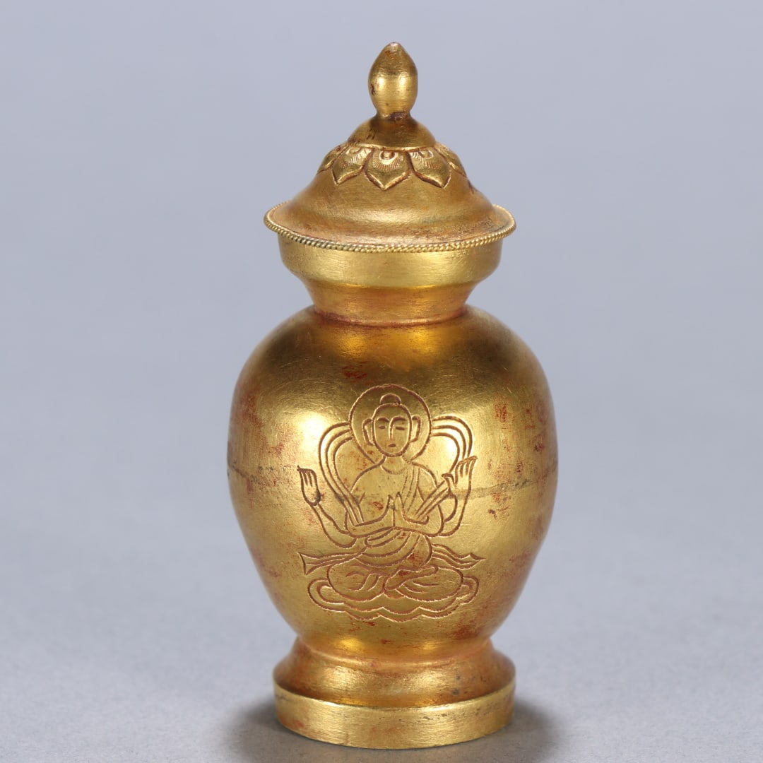 A beautiful copper gilt Buddha pattern relic jar (1 of 7)