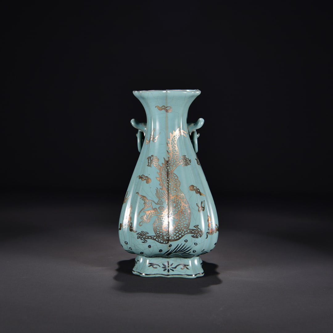 A sky blue glazed foot silver painted cloud dragon pattern melon edge amphora from Ru kiln (1 of 8)