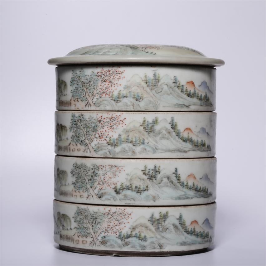 A multi-layer cover box of light crimson landscape landscape maps of the Qing Dynasty: Qing Dynasty's light crimson landscape landscape map multi-layer cover box Size:H:15.7cm D:13.3cm W:1.201kg (The Dimensions Of All Batches Are Manually Measured.If You Need More Detailed Information,