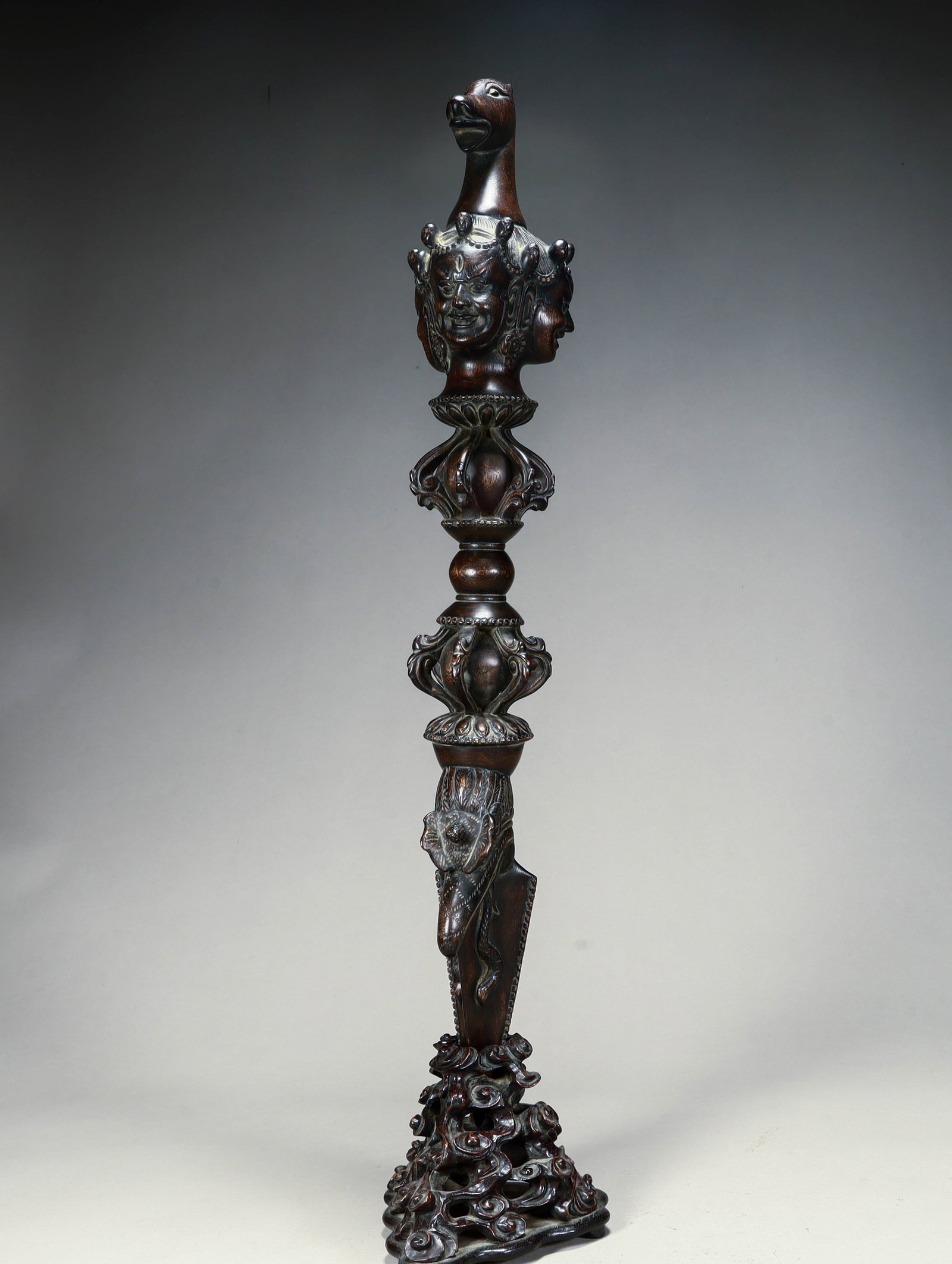 A Qing Dynasty agarwood carved Buddhist ritual vessel: Agarwood carving Buddhist ritual in the Qing Dynasty Size: H:33cm L: 13cm W:13cm W:371.5g (The Dimensions Of All Batches Are Manually Measured.If You Need More Detailed Information, Please Contact Our