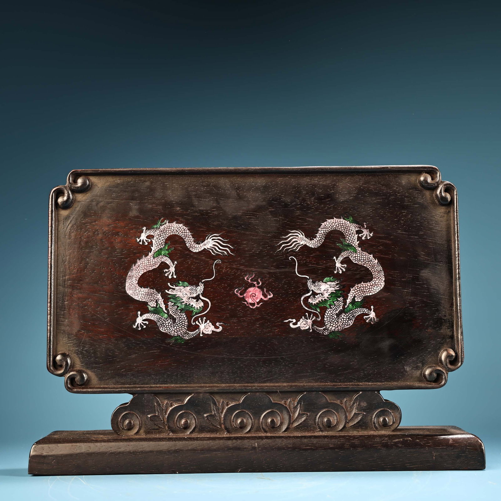 A beautiful rosewood inlaid shell and two dragon bead screens (1 of 9)