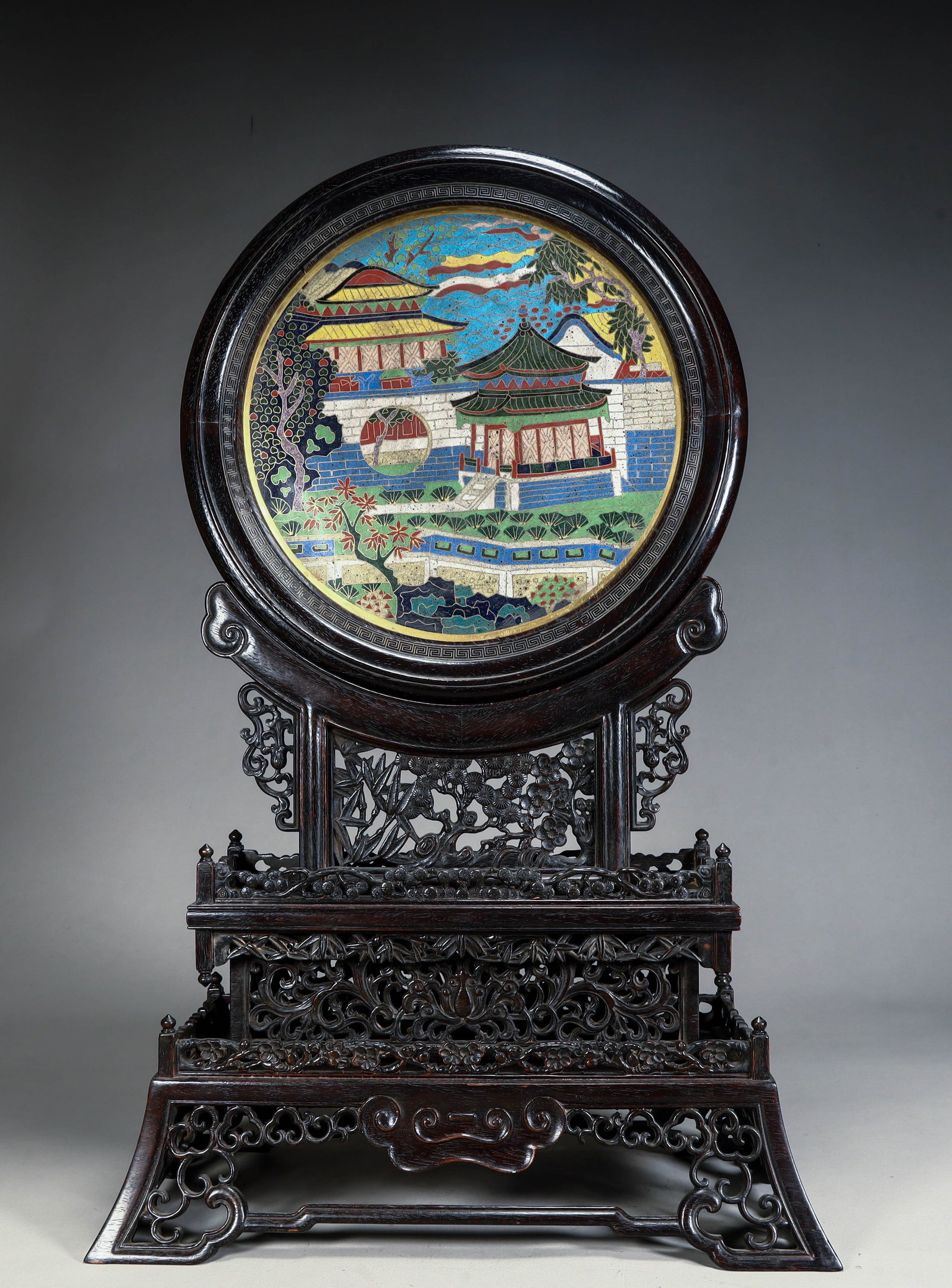 A round screen with a mahogany seat cloisonne enamel landscape pavilion pattern from the Qing (1 of 12)