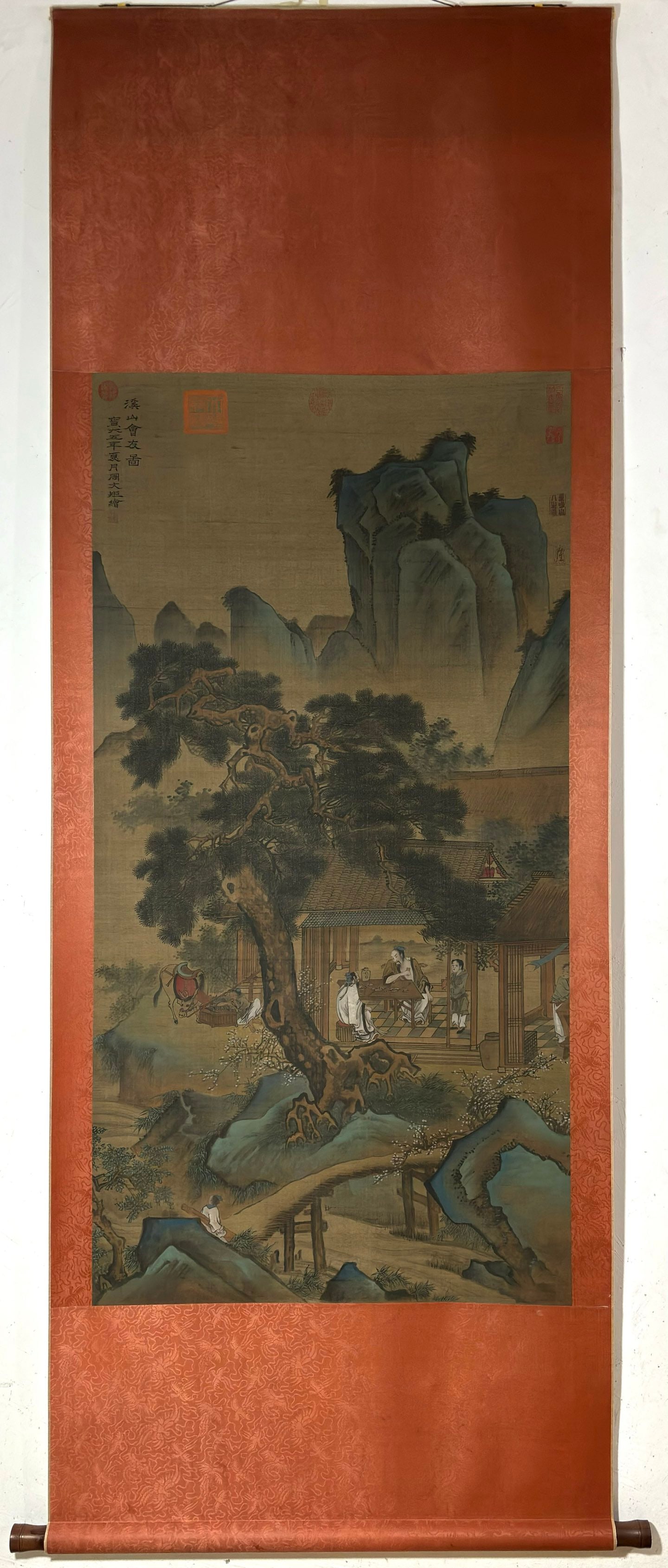 A vertical axis of Zhou Wenju's Xishan Friends in the Tang Dynasty: Tang Dynasty Zhou Wenju's Xishan Friendship Picture Vertical Axis Size:Flower core:131.5x67.5cm (The Dimensions Of All Batches Are Manually Measured.If You Need More Detailed Information, Please