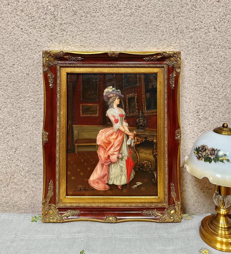 A beautiful hand-painted old oil painting of a lady on a wooden panel (1 of 7)