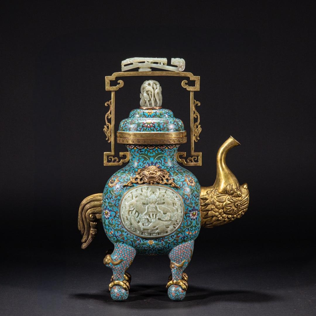A beautiful cloisonne inlaid Hetian jade lion pattern wine jug (1 of 9)