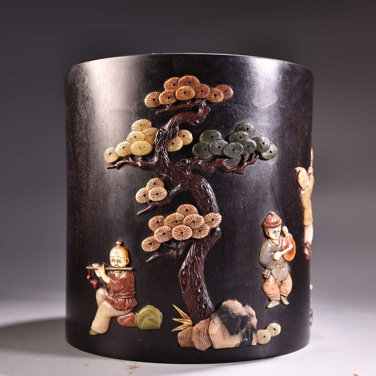 A beautiful rosewood inlaid Shoushan stone jade treasure pen holder (1 of 9)