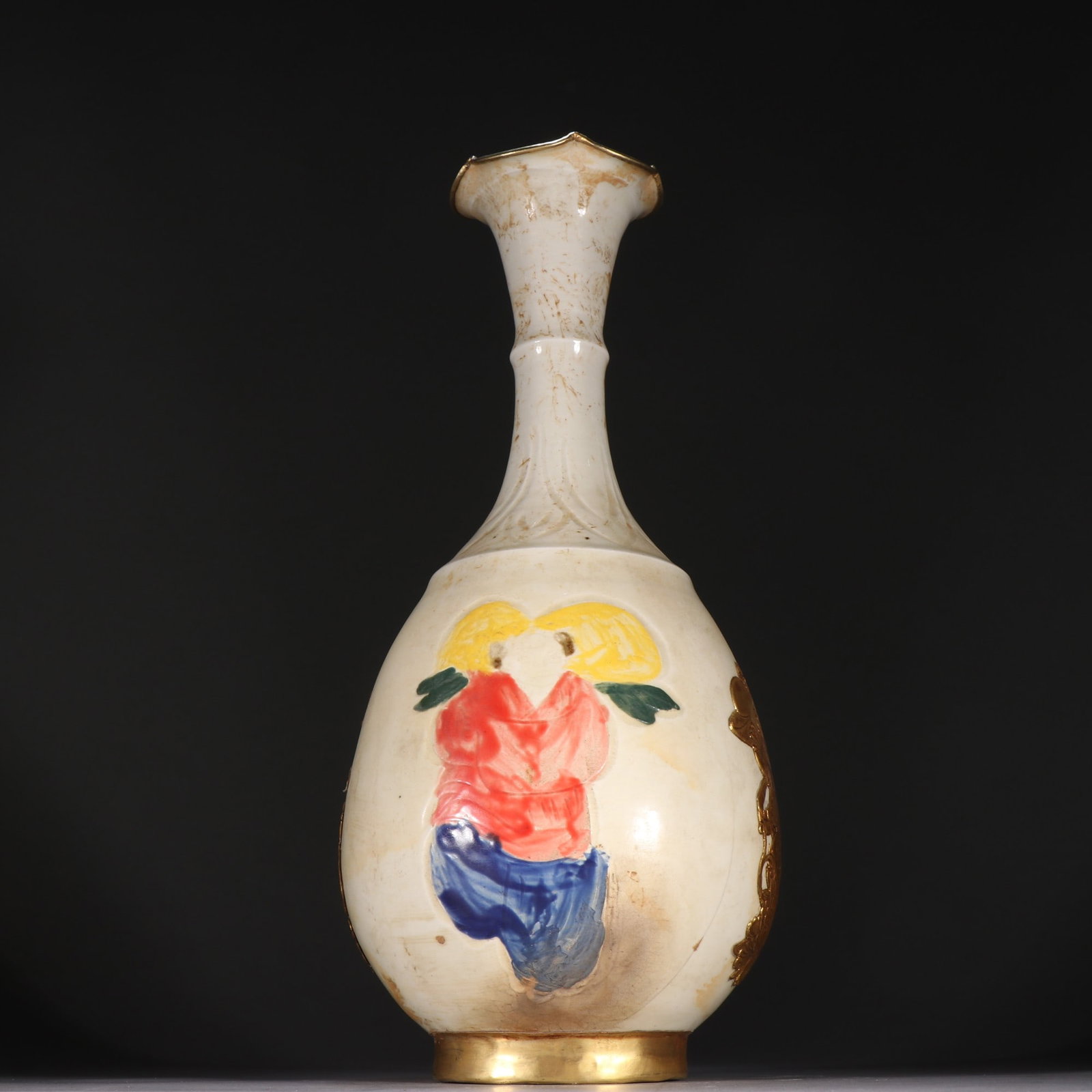 A gold-filled and colorful boy sunflower mouth bottle of the Song Dynasty Ding kiln: The gold-filled and colorful boy sunflower mouth bottle of the Song Dynasty Ding kiln Size:H:30.4cm W:14cm (The Dimensions Of All Batches Are Manually Measured.If You Need More Detailed Information, P