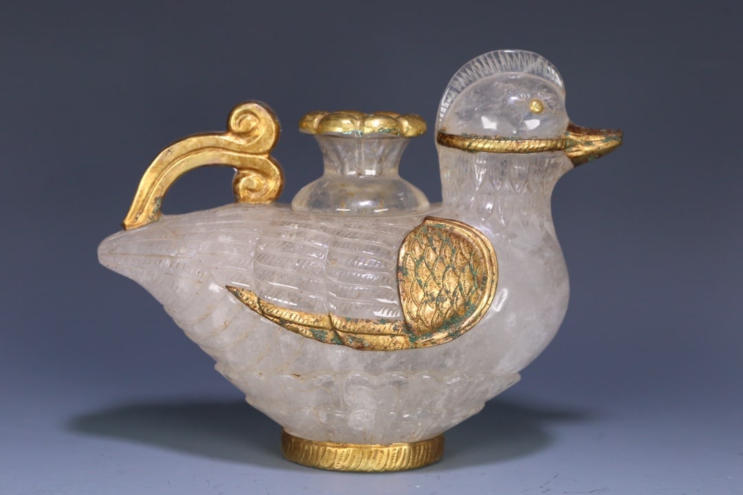 A natural crystal-clad copper-gilt mandarin duck pot from the Liao and Jin dynasties (1 of 9)