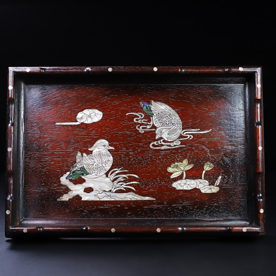 A fine mahogany shell-inlaid rectangular tea tray tray (1 of 9)