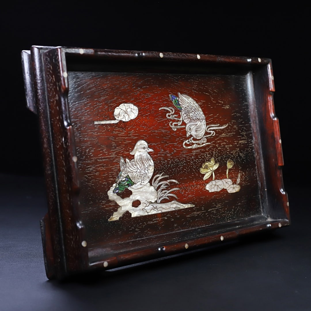 A fine mahogany shell-inlaid rectangular tea tray tray - 6