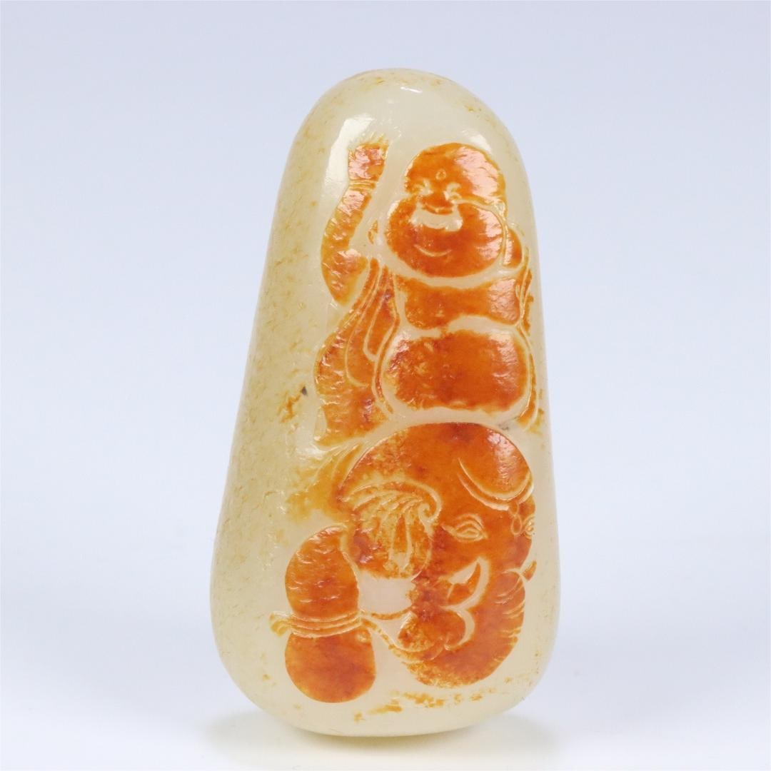 A beautiful Hetian seed material Maitreya Buddha rough handle: Exquisite Hetian seed material Maitreya Buddha rough stone handle Size:6.77x3.59x2.48cm W:0.1059kg (The Dimensions Of All Batches Are Manually Measured.If You Need More Detailed Information, Please Co