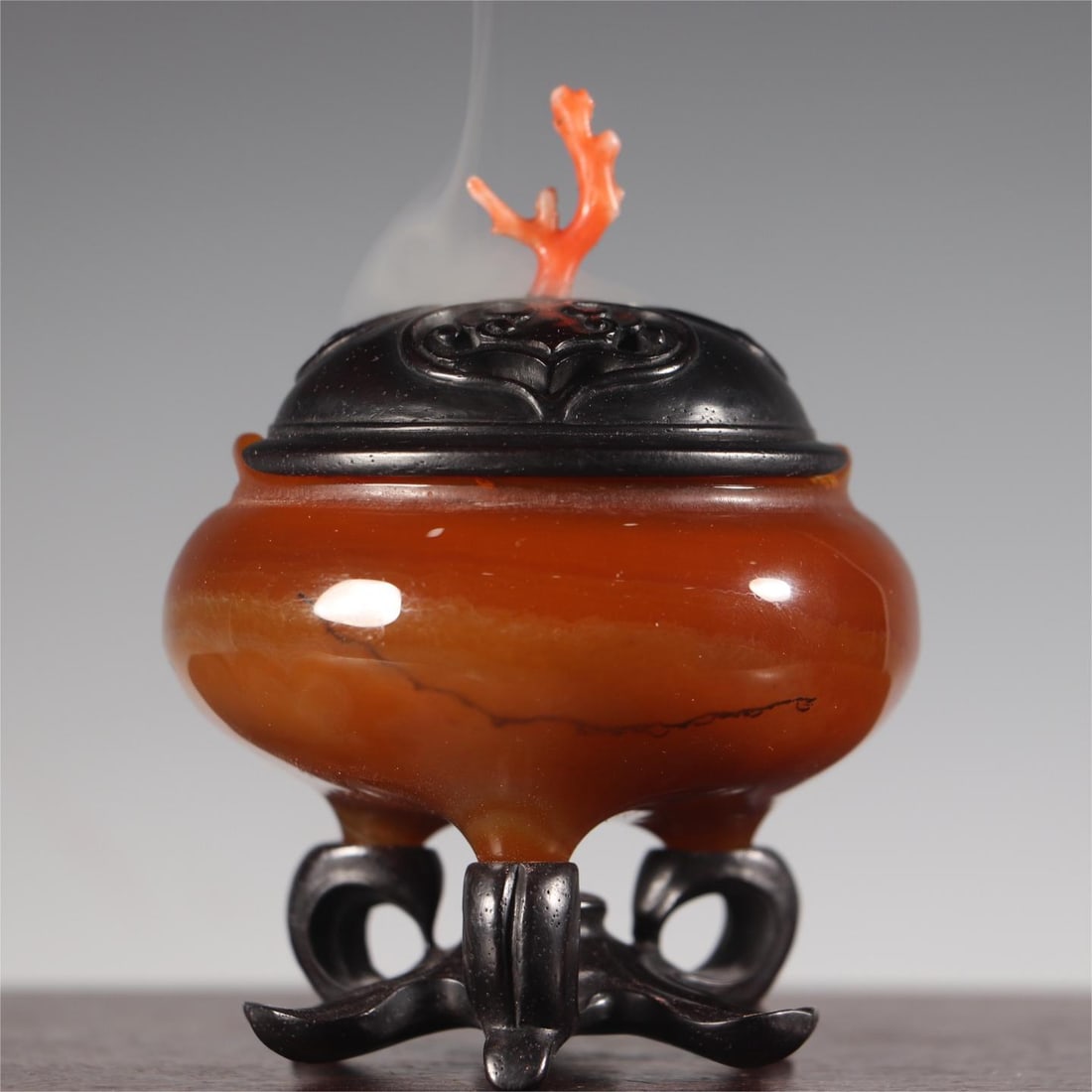 A beautiful incense bowl natural agate incense burner rosewood seat cover (1 of 7)