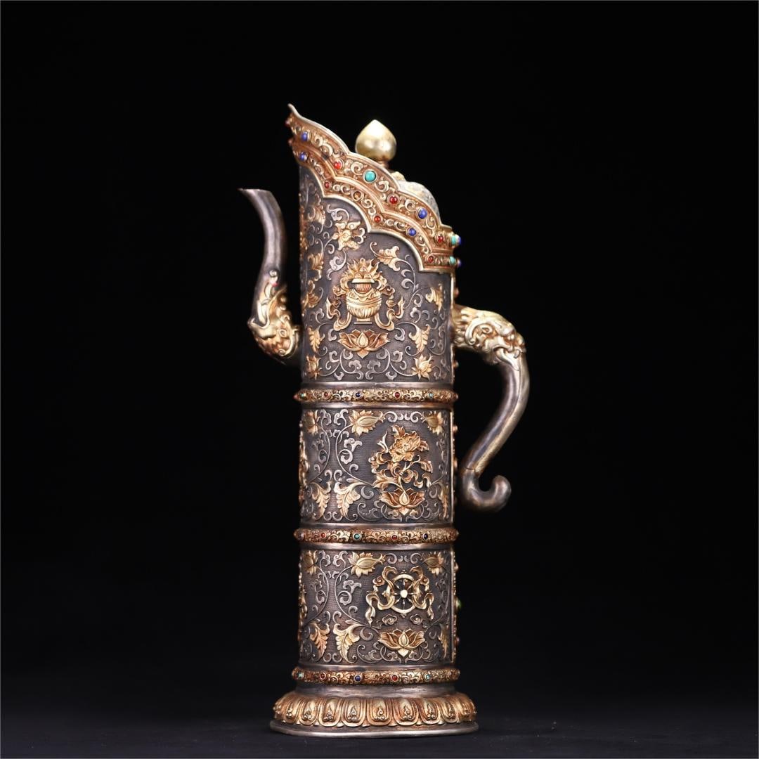 A silver-gilt gem-inlaid Domu pot from the Tang Dynasty: Tang Dynasty silver-gilt inlaid gemstone Domu pot Size:H:40cm W:2.726kg (The Dimensions Of All Batches Are Manually Measured.If You Need More Detailed Information, Please Contact Our Customer Service 