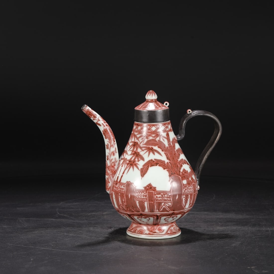 A glazed red pine bamboo banana pavilion pattern inlaid with silver buckle large pot made in the: The glazed red pine bamboo banana pavilion pattern inlaid with silver buckles made in the Hongwu period of the Ming Dynasty Size:H:24cm Calibre:5cm Belly diameter:14cm (The Dimensions Of All Batches