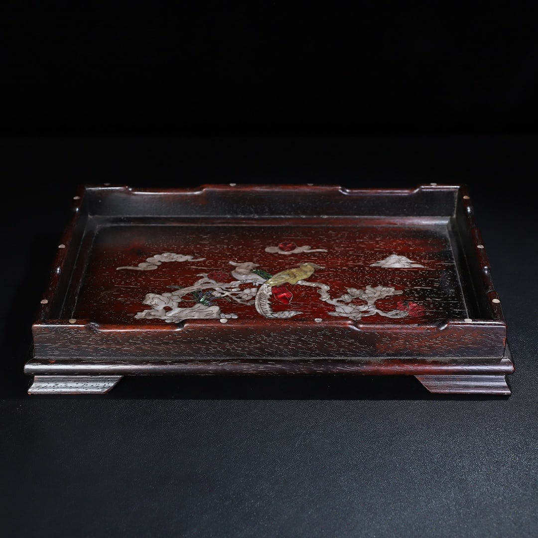 A beautiful rosewood shell-inlaid flower and bird tea tray tray (1 of 9)