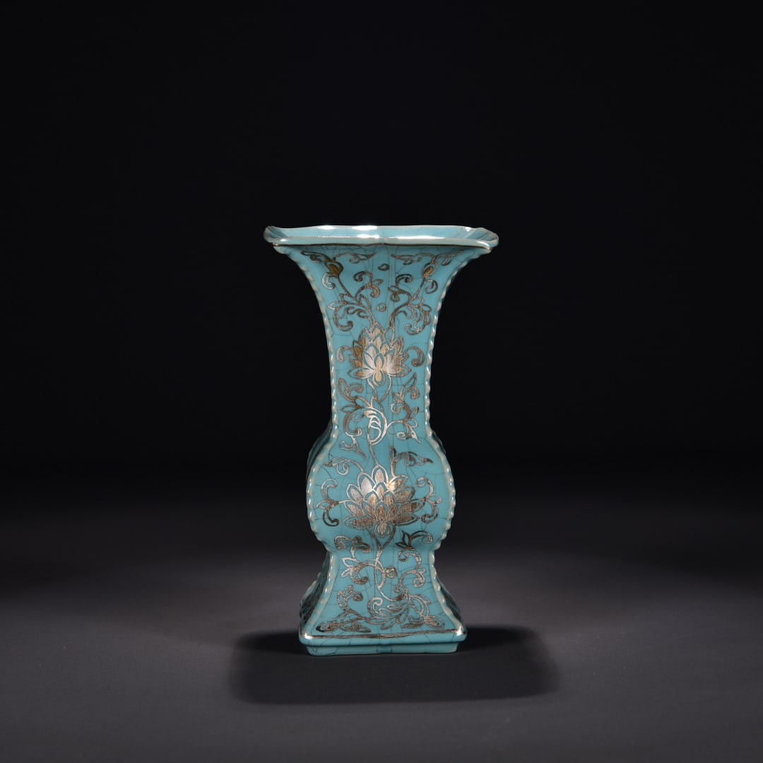 A sky blue glazed foot silver painted flower pattern square flower cup of Ru kiln (1 of 8)