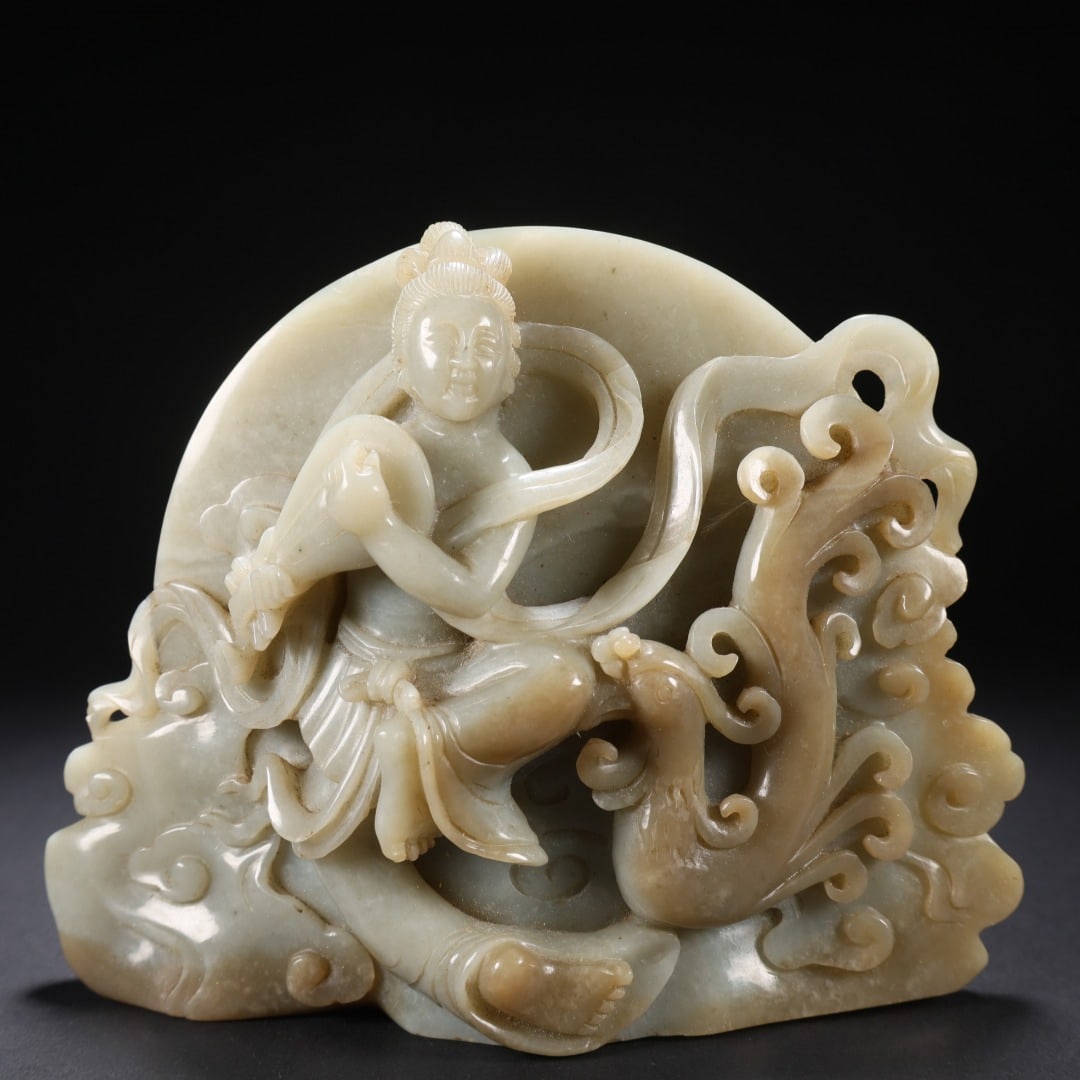 A Qing Dynasty Hetian jade wooden support on the Qianlong year blowing Xiao Yinfeng ornament - 2