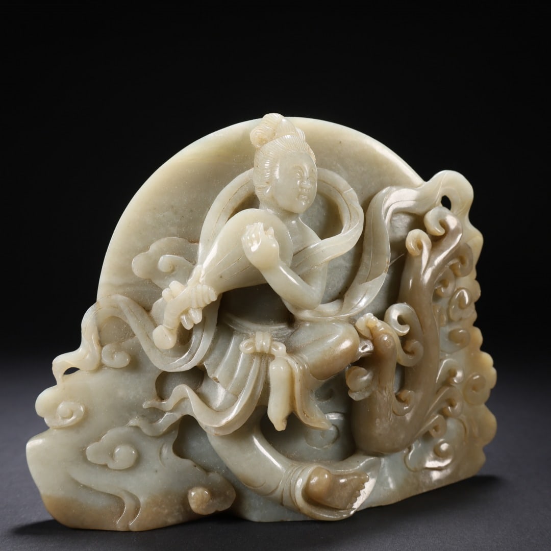 A Qing Dynasty Hetian jade wooden support on the Qianlong year blowing Xiao Yinfeng ornament - 3
