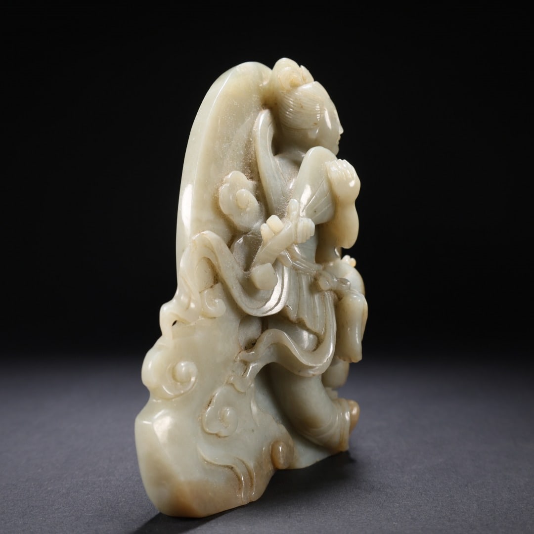 A Qing Dynasty Hetian jade wooden support on the Qianlong year blowing Xiao Yinfeng ornament - 4